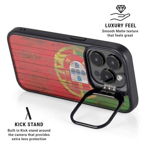 Portuguese Flag Dark Wood iPhone 14 Pro Kickstand Case